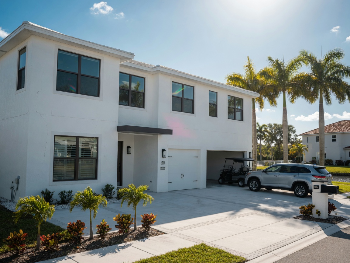 Ultra-realistic 8K photorealistic daytime exterior view of a contemporary Cape Coral home featuring white stucco walls, large energy-efficient windows, attached two-car garage, and paved driveway under bright Florida sunshine with palm trees in background