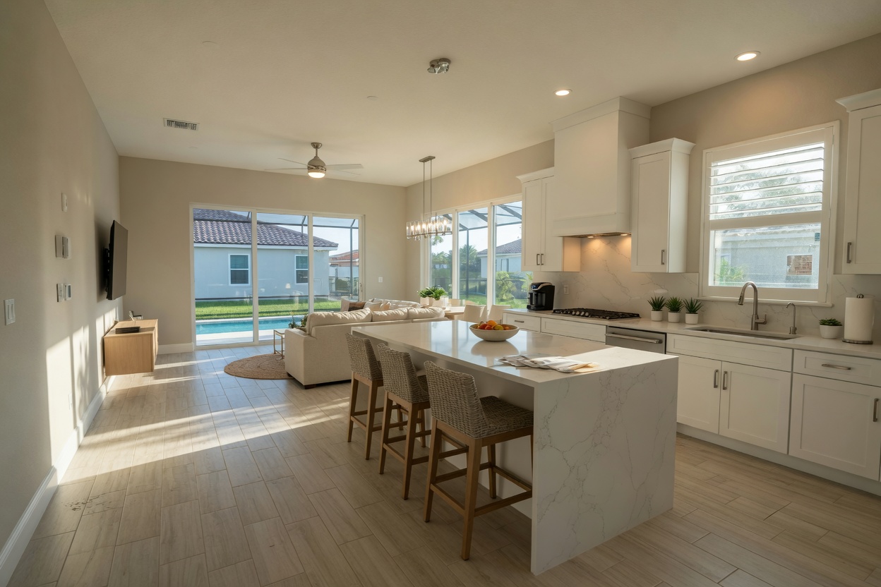 Ultra-realistic 8K photorealistic image showing an open-concept interior of a new Cape Coral home with neutral walls, light wood-look tile flooring, modern kitchen with white cabinets and quartz counters, bright natural light streaming through impact windows