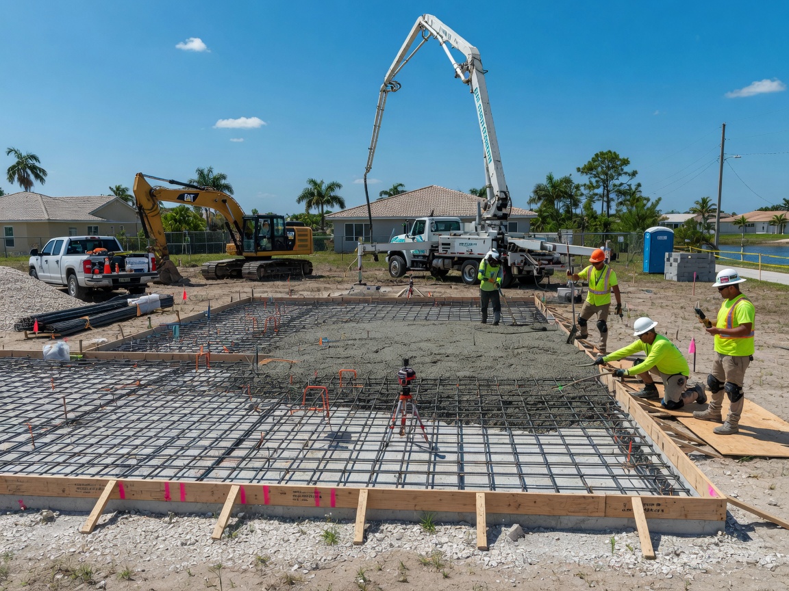 Ultra-realistic 8K photorealistic construction site image of professional crew pouring concrete foundation slab for a new home in Cape Coral, heavy machinery, rebar grid, bright sunny Florida day, dry lot setting