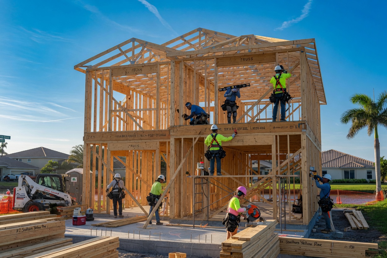 Ultra-realistic 8K photorealistic image of house framing stage during new construction in Cape Coral, wooden structural framing against bright blue sky, construction crew working safely, Southwest Florida light