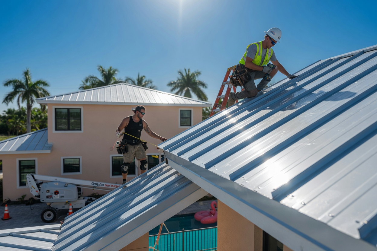 Ultra-realistic 8K photorealistic image of a newly installed metal roof on a modern stucco home in Cape Coral, construction workers finishing installation, bright sunlight reflecting off the roof, clear blue sky