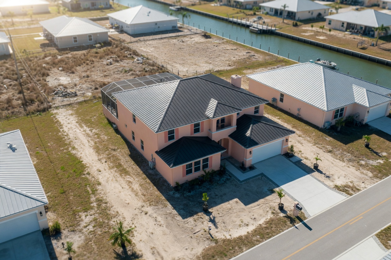 Ultra-realistic 8K photorealistic aerial view of a completed single-family home with stucco exterior and metal roof on a dry lot in Northeast Cape Coral, canal visible in distance, bright Florida sunshine, realistic shadows